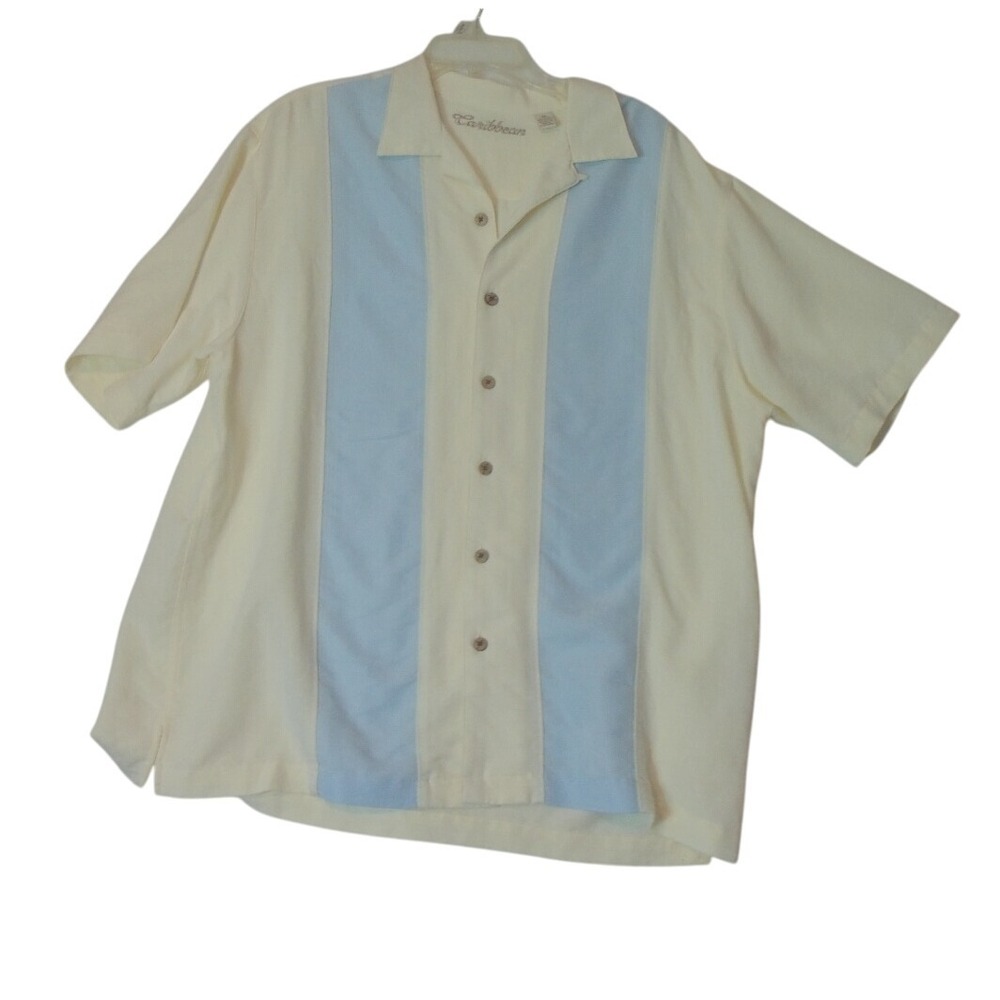 Caribbean Mens XL Cream Blue Vertical‎ Panel Modal Blend Camp Shirt Short Sleeve